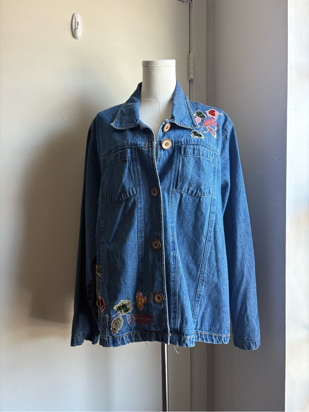 tantrums embroidered button front light weight denim jacket